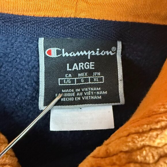 Champion Hoodie Men's Large Spell Out Corduroy Navy Blue Hood Sweatshirt Jumper - Picture 7 of 9